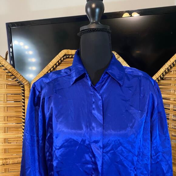 Vintage Laura & Jayne Blue Satin Blouse 80s Puff Sleeve Button Up 12 Hong Kong - Picture 5 of 9